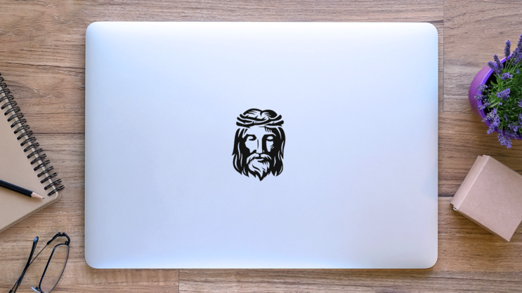 Jesus Wearing Thorn Crown Sticker on a Laptop (New) example