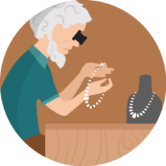 Jeweler. Profession. Cartoon Character Inspecting Jewels Sticker