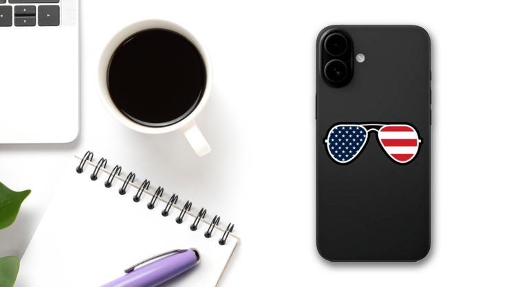 Joe Biden American Flag Sunglasses Sticker on a Phone (New) example