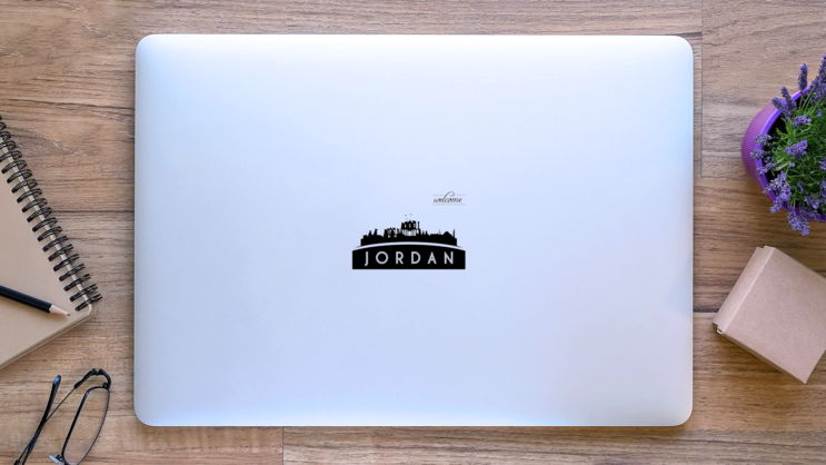 Jordan Skyline Silhouette Welcome Sticker on a Laptop (New) example