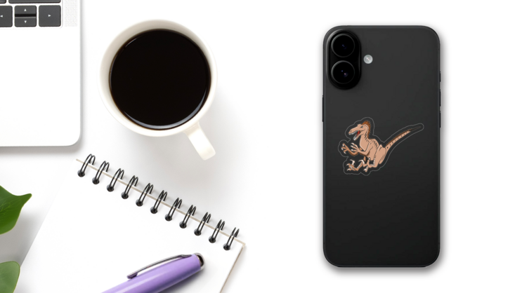Jumping Raptor Mascot Sticker on a Phone (New) example
