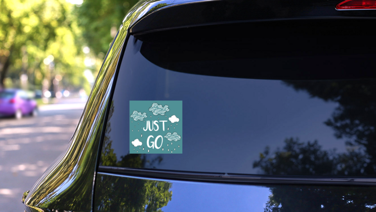 Just Go Square Sticker on a Rear Car Window (New) example