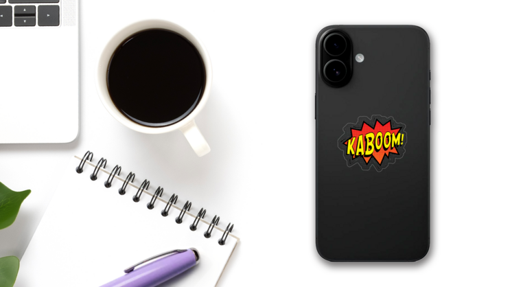 Kaboom Comic Sticker on a Phone (New) example