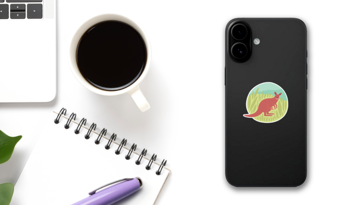 Kangaroo With Baby Illustration In Circle Sticker on a Phone (New) example