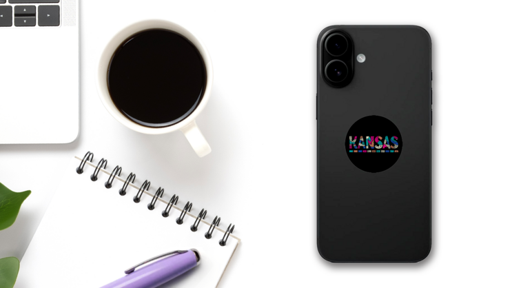 Kansas Multicolor Doodle Lettering Sticker on a Phone (New) example