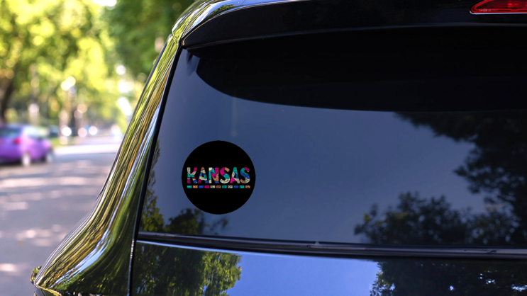 Kansas Multicolor Doodle Lettering Sticker on a Rear Car Window (New) example