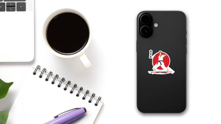 Karate Woman Illustration Sticker on a Phone (New) example