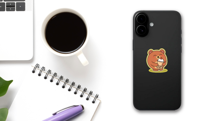 Kawaii Boba Bear Sticker on a Phone (New) example