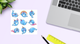 Kawaii Narwhal Sticker Sheet on a Desk (New) example