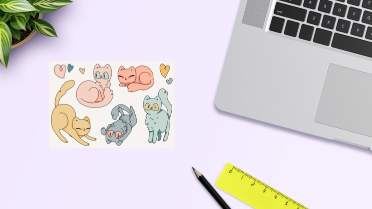 Kawaii Pastel Cats Sticker Sheet on a Desk (New) example