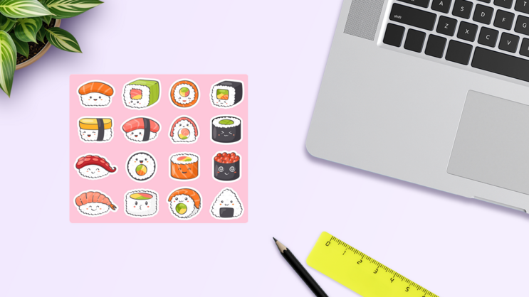 Kawaii Pink Sushi Sticker Sheet on a Desk (New) example