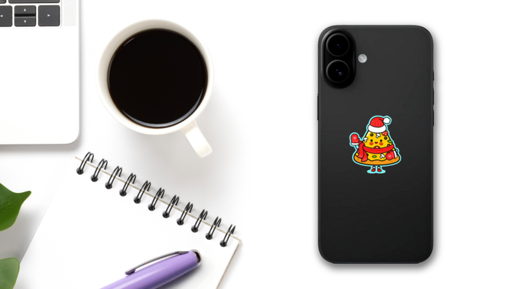 Kawaii Santa Pizza Sticker on a Phone (New) example