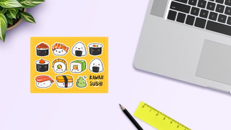 Kawaii Sushi Sticker Sheet on a Desk (New) example