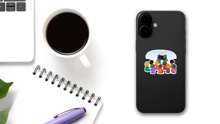 Kids Listening To A Senior Man Reading Bible Stories Sticker on a Phone (New) example