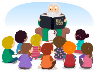 Kids Listening To A Senior Man Reading Bible Stories Sticker