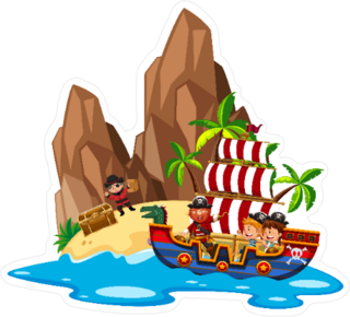 Kids Sailing On Pirate Ship Illustration Sticker