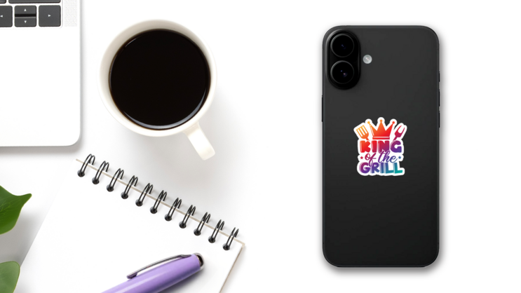 King Of The Grill Colorful Gradient Lettering Sticker on a Phone (New) example