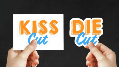 Two Hands Holding Up Custom Kiss Cut Sticker Vs. Die Cut Sticker to Explain the Difference