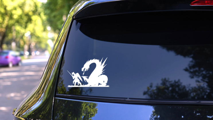 Knight Fighting A Dragon Sticker on a Rear Car Window (New) example