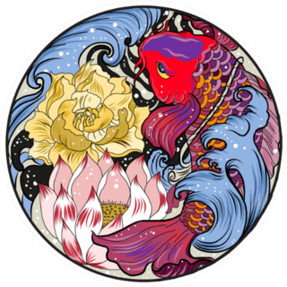 Koi Fish With Lotus And Peony Flower In Circle Sticker