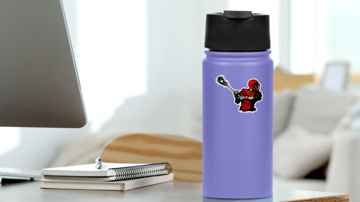 Lacrosse Player Cradling Ball Illustration Red Sticker on a Water Bottle (New) example