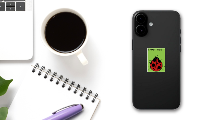 Lady Bug At Green Background Sticker on a Phone (New) example
