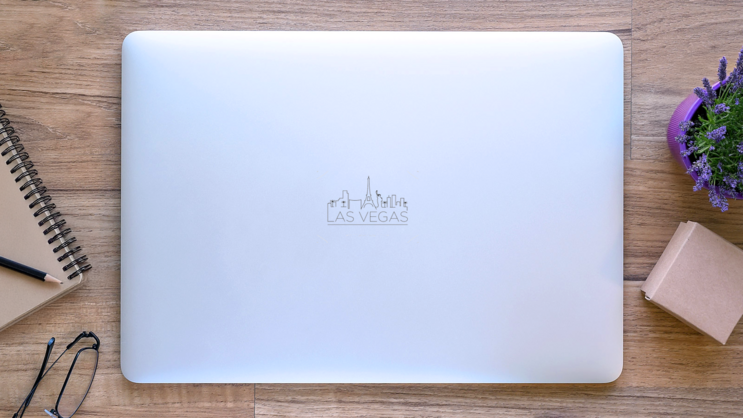 Las Vegas City Line Silhouette Typographic Design Sticker on a Laptop (New) example