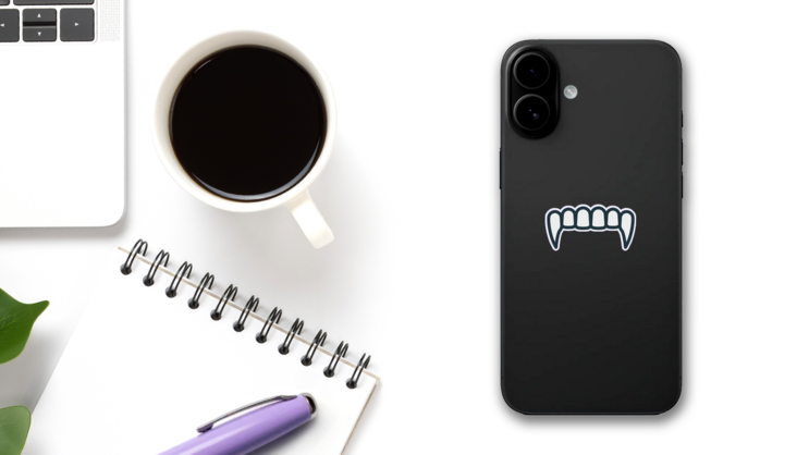 Lavender Vampire Fangs Sticker on a Phone (New) example