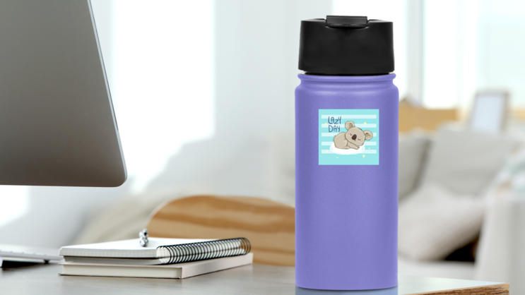 Lazy Day Striped Koala Sticker on a Water Bottle (New) example