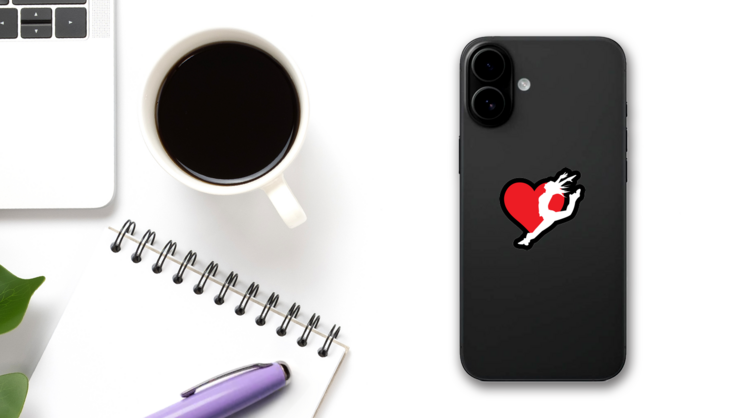 Leaping Dancer with Heart Sticker on a Phone (New) example