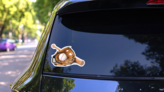 Leather Glove With Baseball And Bat Isolated Over White Sticker on a Rear Car Window (New) example
