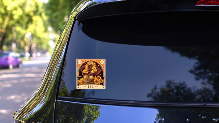 Leo Woman With Golden Hair Illustration Sticker on a Rear Car Window (New) example