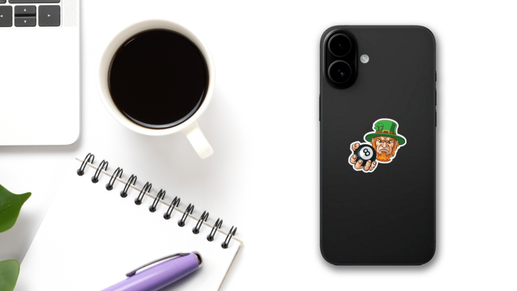 Leprechaun Holds 8 Ball Sticker  on a Phone (New) example