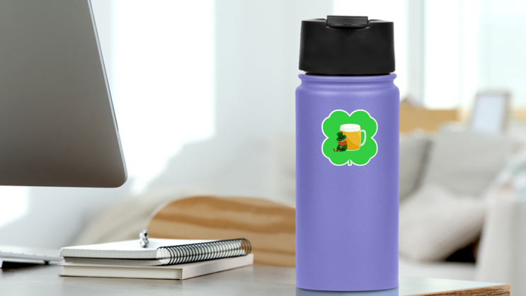Leprechaun Sitting Against a Mug of Beer Sticker on a Water Bottle (New) example