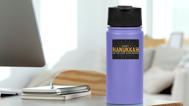 Let The Light Shine Bright Hanukkah Sticker on a Water Bottle (New) example