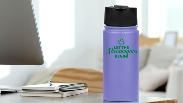 Let the Shenanigans Begin Sticker on a Water Bottle (New) example