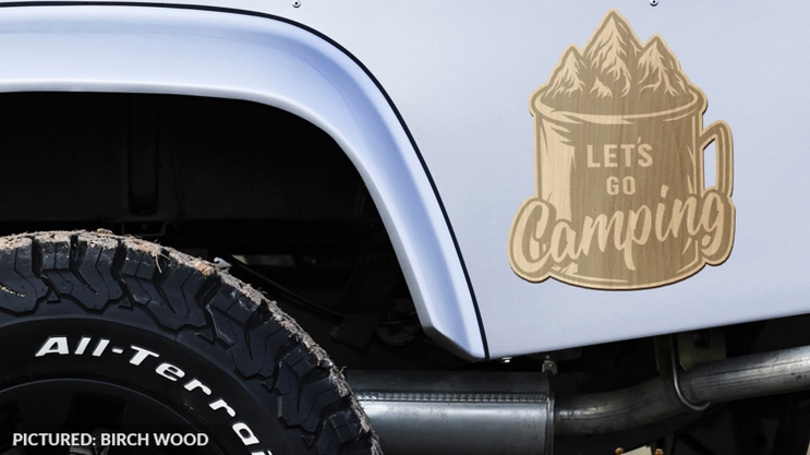 Lets Go Camping wood sticker on car