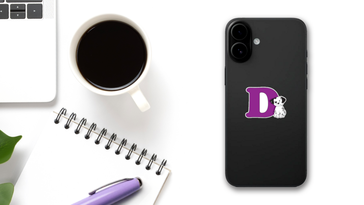 Letter D Dalmatian Sticker on a Phone (New) example