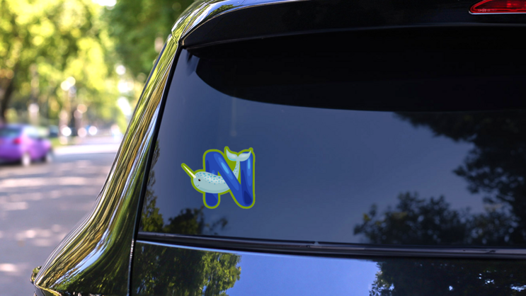 Letter N Narwhal On Green Sticker on a Rear Car Window (New) example