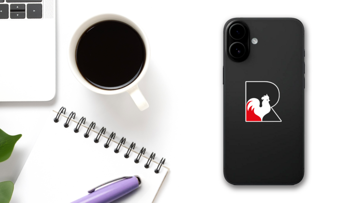 Letter R For Rooster Sticker on a Phone (New) example