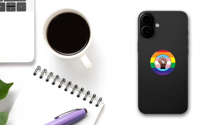 Lgbtq+ Biopic Pride Flag With Fist Sticker on a Phone (New) example