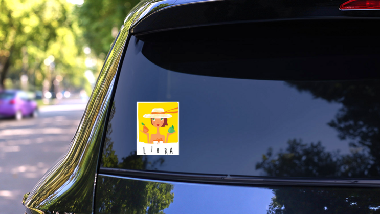 Libra As A Woman Holding An Apple And Pear Sticker on a Rear Car Window (New) example