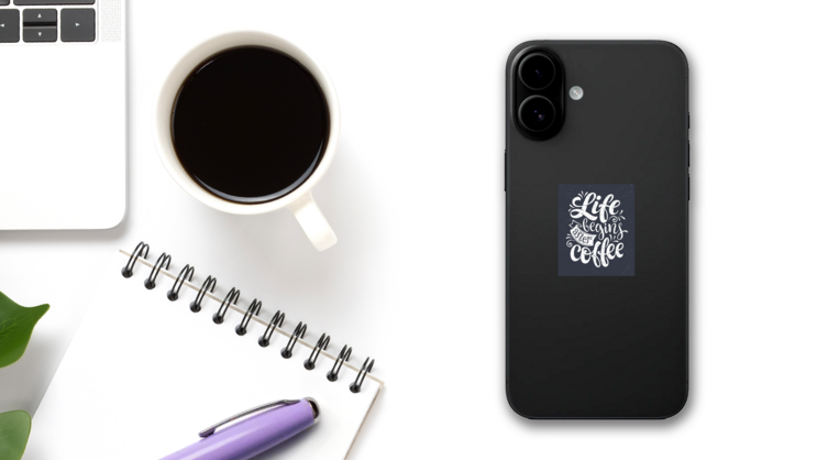 Life Begins After Coffee Hand-drawn Lettering Sticker on a Phone (New) example