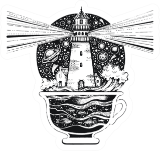 Lighthouse In Coffee Cup With Ocean Waves Sticker