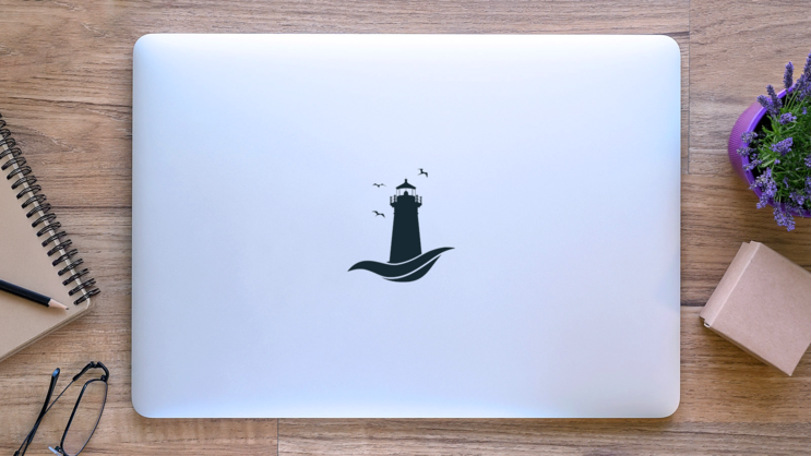 Lighthouse On Wave Simple Sticker on a Laptop (New) example