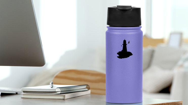 Lighthouse With Seagulls Sticker on a Water Bottle (New) example