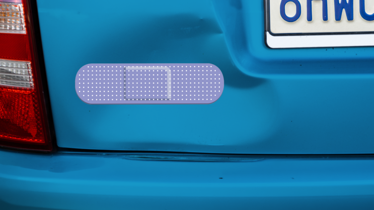 Lilac Band Aid Bandage Sticker on a Dented Car example
