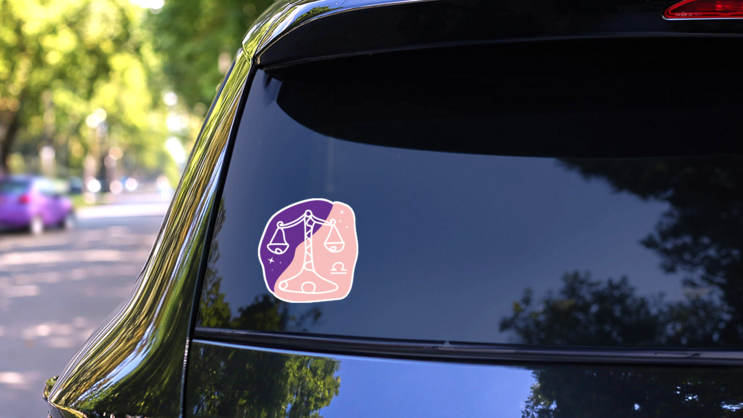 Line Art Libra Pink & Purple Illustration Sticker on a Rear Car Window (New) example