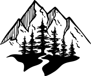 Line Art Mountain, Pine Tree, and River Sticker