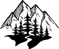 Line Art Mountain, River, And Pine Trees Sticker
